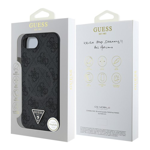 Guess для iPhone 16e чехол PU 4G Triangle Diamond metal logo Hard Black (MagSafe)