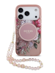 Guess для iPhone 17 Pro чехол IML Flowers Hard + Pearl Hand Strap Pink (MagSafe)