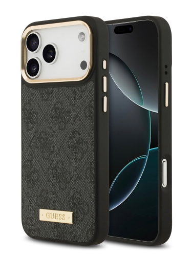 Guess для iPhone 17 Pro Max чехол PU 4G Plate metal logo and Gold camera Hard Black (MagSafe)