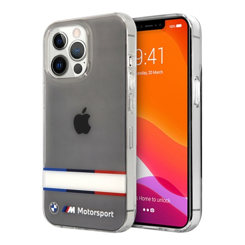 Чехол BMW Motorsport Tricolor Horizont Hard Transparent для iPhone 13 Pro, черный