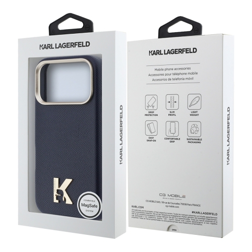 Karl Lagerfeld для iPhone 17 Pro Max чехол PU Full Wrapped K HEAD Metal logo & Cam Hard Blue (MagSafe)
