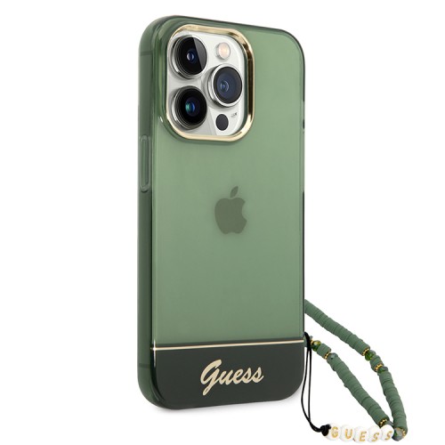 Чехол Guess Translucent w Electoplated camera Hard +hand Strap для iPhone 14 Pro, зеленый