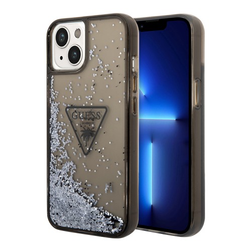 Чехол Guess Liquid glitter Triangle logo Hard Translucent для iPhone 14, черный
