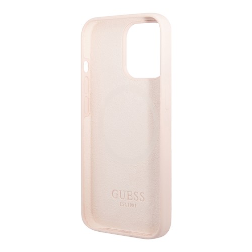 Чехол Guess Liquid Silicone Plate metal logo Hard для iPhone 13 Pro Max, розовый (Magsafe)