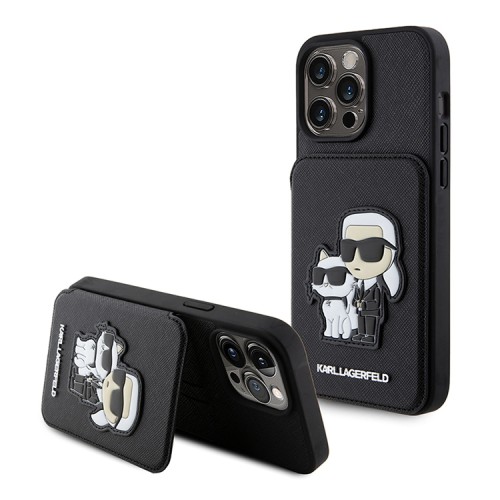 Karl Lagerfeld для iPhone 15 Pro чехол Cardslot Stand PU Saffiano NFT Karl & Choupette Hard Black