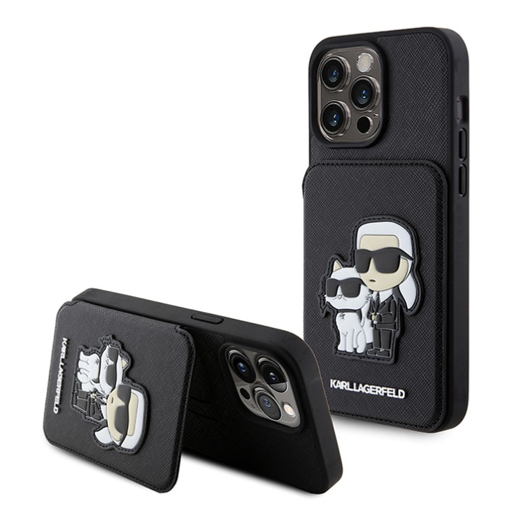 Karl Lagerfeld для iPhone 15 Pro чехол Cardslot Stand PU Saffiano NFT Karl & Choupette Hard Black