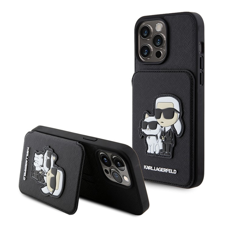 Lagerfeld для iPhone 15 Pro чехол Cardslot Stand PU Saffiano NFT Karl & Choupette Hard Black