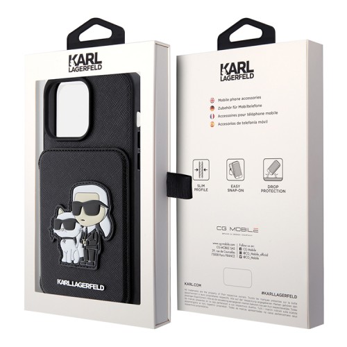 Karl Lagerfeld для iPhone 15 Pro чехол Cardslot Stand PU Saffiano NFT Karl & Choupette Hard Black