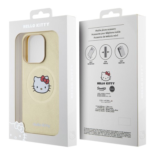 Hello Kitty для iPhone 15 Pro чехол PU Leather Kitty Head Hard Gold (MagSafe)