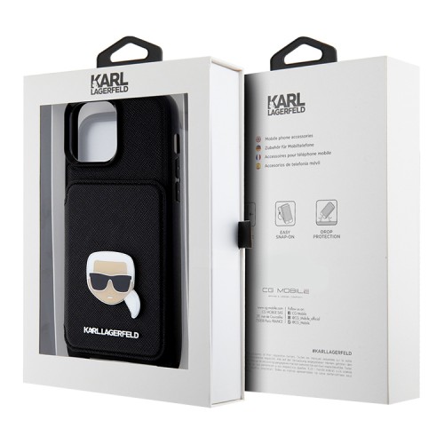 Karl Lagerfeld для iPhone 13 Pro Max чехол Crossbody cardslot PU Saffiano Metal Karl Head Hard Black