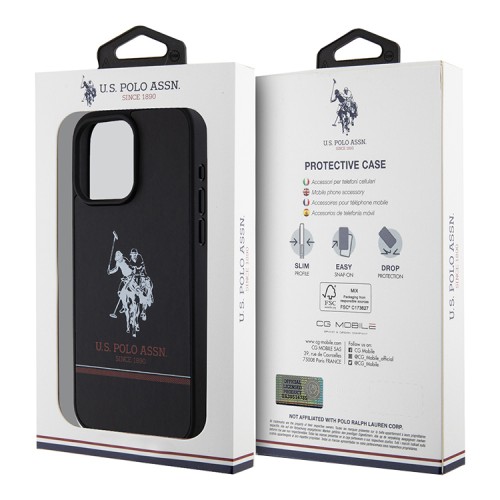 U.S. Polo для iPhone 15 Pro чехол PU Double horse logo and Stripes Hard Black