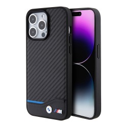 BMW для iPhone 15 Pro Max чехол M-Collection PU Carbon with blue line Hard Black (MagSafe)