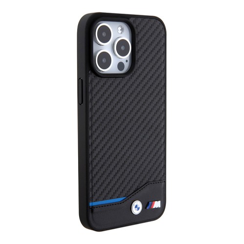 BMW для iPhone 15 Pro Max чехол M-Collection PU Carbon with blue line Hard Black (MagSafe)