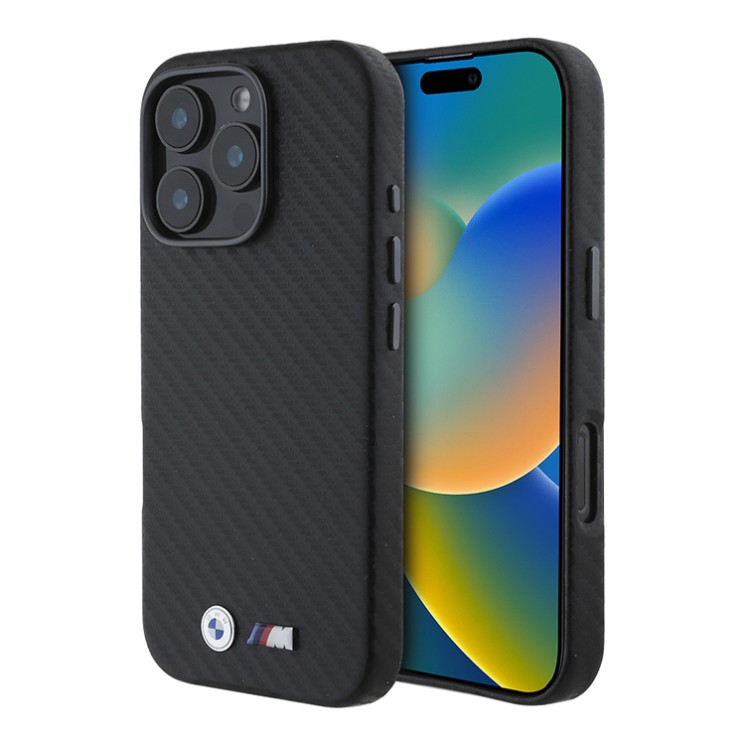 BMW для iPhone 16 Pro Max чехол M-Collection PU Carbon Full Wrapped Metal logo & Camera Hard Black