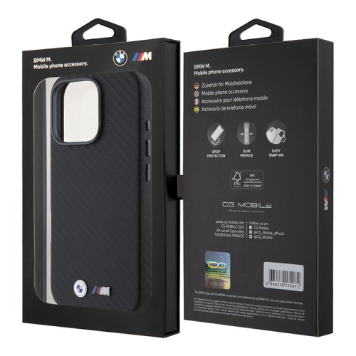 BMW для iPhone 16 Pro Max чехол M-Collection PU Carbon Full Wrapped Metal logo & Camera Hard Black