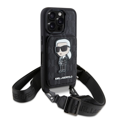 Karl Lagerfeld для iPhone 16 Pro Max чехол Crossbody cardslot PU Saffiano Monogram NFT Karl Ikon Hard Black