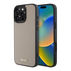 DKNY для iPhone 16 Pro чехол PU Grained leather Metal logo Hard Beige (MagSafe)