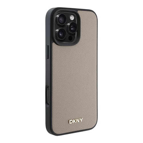 DKNY для iPhone 16 Pro чехол PU Grained leather Metal logo Hard Beige (MagSafe)