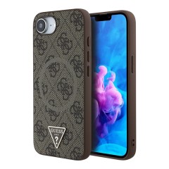 Guess для iPhone 16e чехол PU 4G Triangle Diamond metal logo Hard Brown (MagSafe)