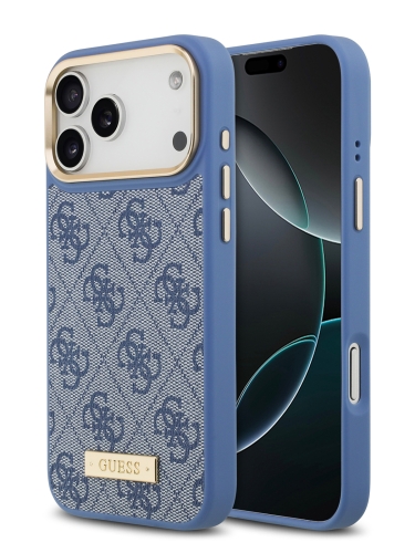 Guess для iPhone 17 Pro Max чехол PU 4G Plate metal logo and Gold camera Hard Blue (MagSafe)