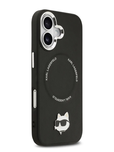 Karl Lagerfeld для iPhone 17 чехол PU NFT Choupette head Metal pin & Camera Hard Black (MagSafe)