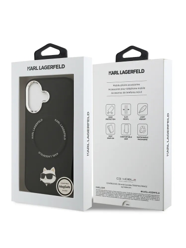 Karl Lagerfeld для iPhone 17 чехол PU NFT Choupette head Metal pin & Camera Hard Black (MagSafe)