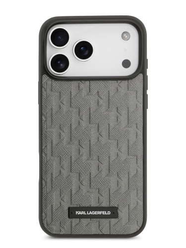 Karl Lagerfeld для iPhone 17 Pro Max чехол PU Saffiano Monogram Metal Plate logo Hard Grey (MagSafe)