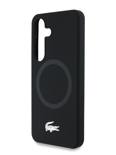 Lacoste для Galaxy S25 чехол Liquid silicone Silver Croc Metal logo Hard Black (MagSafe)