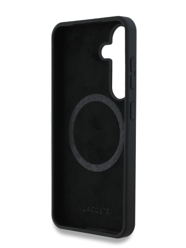 Lacoste для Galaxy S25 чехол Liquid silicone Silver Croc Metal logo Hard Black (MagSafe)