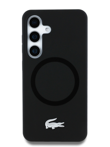Lacoste для Galaxy S25 чехол Liquid silicone Silver Croc Metal logo Hard Black (MagSafe)
