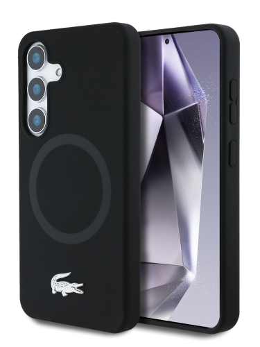 Lacoste для Galaxy S25 чехол Liquid silicone Silver Croc Metal logo Hard Black (MagSafe)
