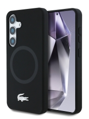 Lacoste для Galaxy S25 чехол Liquid silicone Silver Croc Metal logo Hard Black (MagSafe)