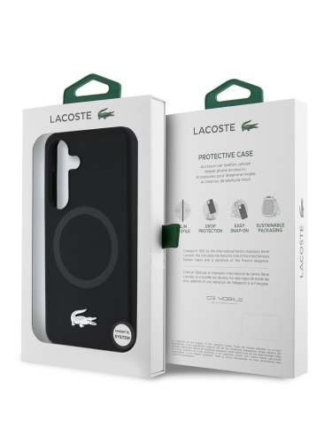 Lacoste для Galaxy S25 чехол Liquid silicone Silver Croc Metal logo Hard Black (MagSafe)
