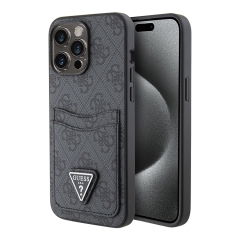 (Уценка) Guess для iPhone 15 Pro чехол PU 4G Double cardslot Triangle metal logo Hard Black