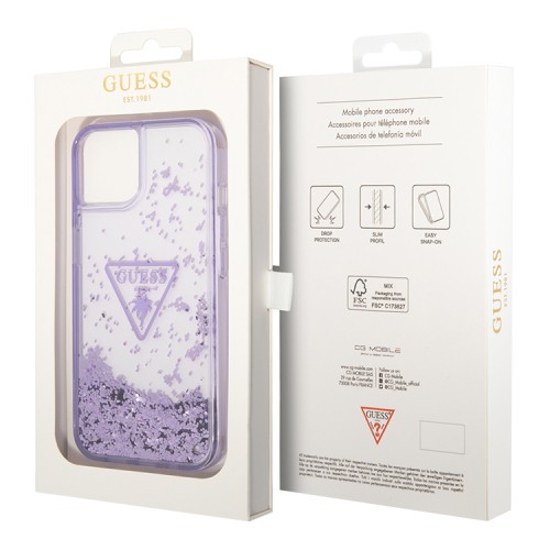 Чехол Guess Liquid glitter Triangle logo Hard Translucent для iPhone 14, фиолетовый