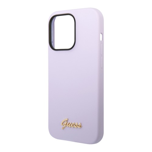 Чехол Guess Liquid Silicone Gold Metal logo для iPhone 14 Pro, фиолетовый