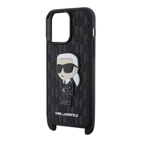 Lagerfeld для iPhone 15 Pro чехол Crossbody PU Monogram NFT Karl Ikonik with Strap Hard Black
