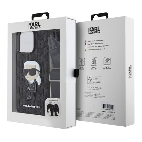 Lagerfeld для iPhone 15 Pro чехол Crossbody PU Monogram NFT Karl Ikonik with Strap Hard Black