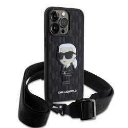 Lagerfeld для iPhone 15 Pro чехол Crossbody PU Monogram NFT Karl Ikonik with Strap Hard Black