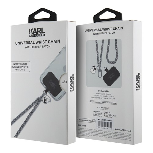 Karl Lagerfeld цепочка на кисть для телефона Wrist metal chain 13 cm + NFT Choupette metal charm Silver