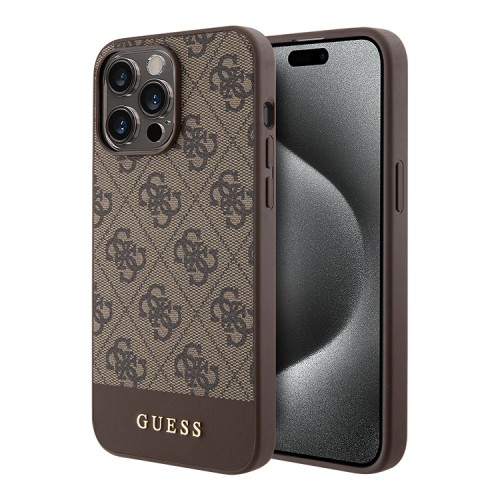 Guess для iPhone 15 Pro Max чехол PU 4G Bottom stripe Metal logo Hard Brown (MagSafe)