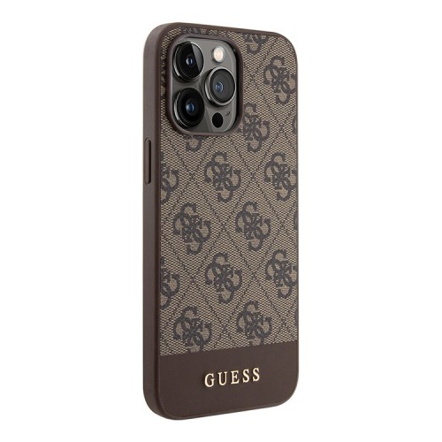 Guess для iPhone 15 Pro Max чехол PU 4G Bottom stripe Metal logo Hard Brown (MagSafe)