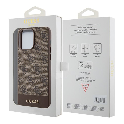 Guess для iPhone 15 Pro Max чехол PU 4G Bottom stripe Metal logo Hard Brown (MagSafe)