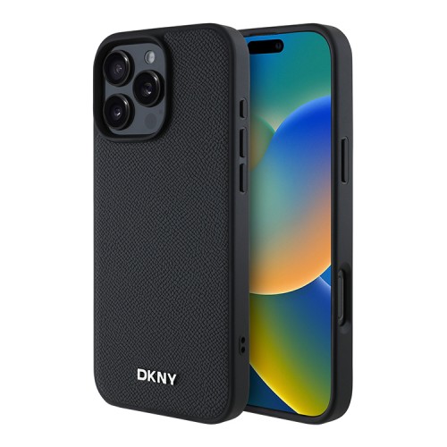DKNY для iPhone 16 Pro чехол PU Grained leather Metal logo Hard Black (MagSafe)