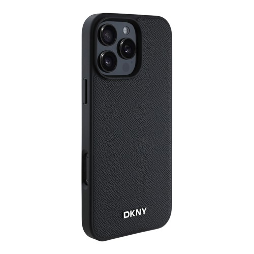 DKNY для iPhone 16 Pro чехол PU Grained leather Metal logo Hard Black (MagSafe)