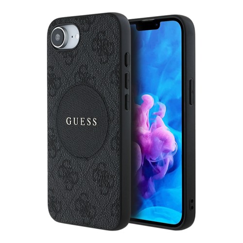 Guess для iPhone 16e чехол PU 4G with Round Patch Metal logo Hard Black (MagSafe)