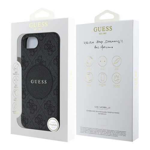 Guess для iPhone 16e чехол PU 4G with Round Patch Metal logo Hard Black (MagSafe)