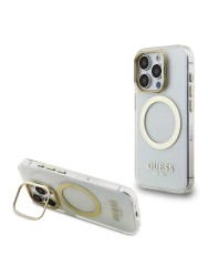 Guess для iPhone 15 Pro Max чехол PC/TPU Metal outline and Camera Stand Hard Transp/Gold (MagSafe)