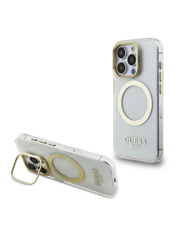 Guess для iPhone 15 Pro Max чехол PC/TPU Metal outline and Camera Stand Hard Transp/Gold (MagSafe)