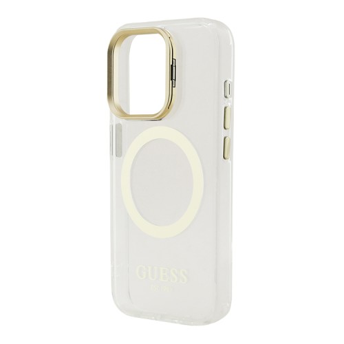 Guess для iPhone 15 Pro Max чехол PC/TPU Metal outline and Camera Stand Hard Transp/Gold (MagSafe)